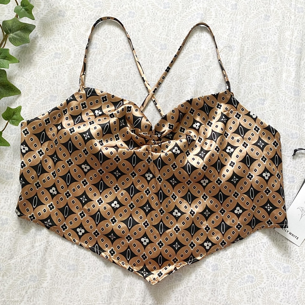 Lily White (juniors) satin laced-back crop top, tan black